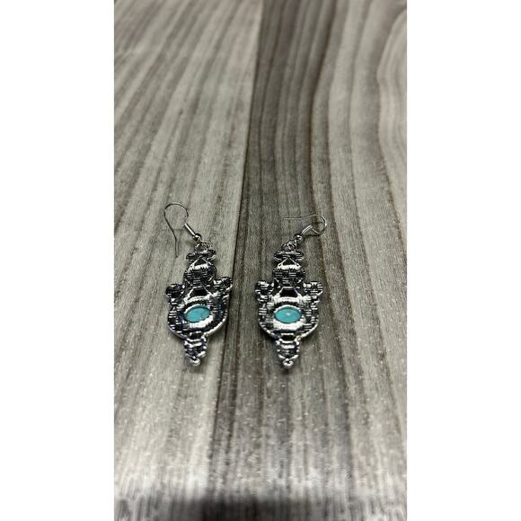 Ornate red & light blue boho dangly earrings - Picture 3 of 3